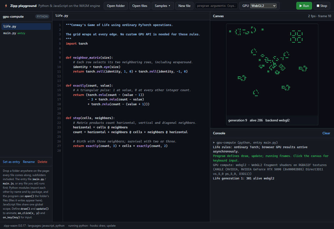 Animated Game of Life grid driven by Python on Zipp WebAssembly